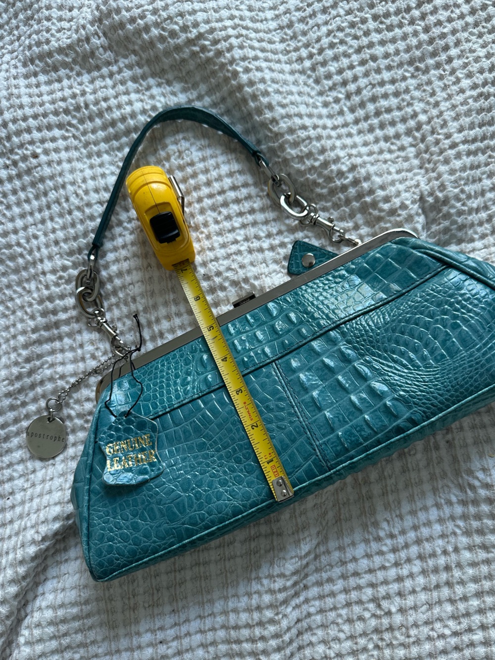 Teal Crocodile Top-Handle Silver Accent Shoulder Bag - Genuine Leather - Picture 5 of 8